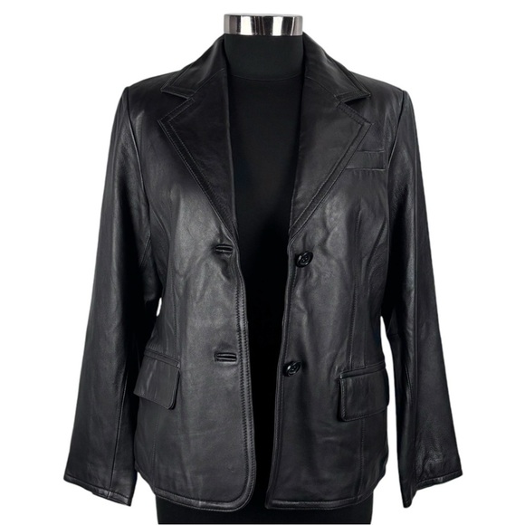 VINTAGE 90S RELATIVITY BLACK LEATHER NOTCHED COLLAR BUTTON DOWN BLAZER JACKET - Picture 5 of 14